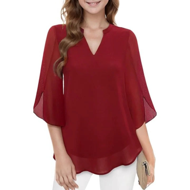 Women's elegant blouse sheer flutter sleeves flowy silhouette office-to-evening versatile top