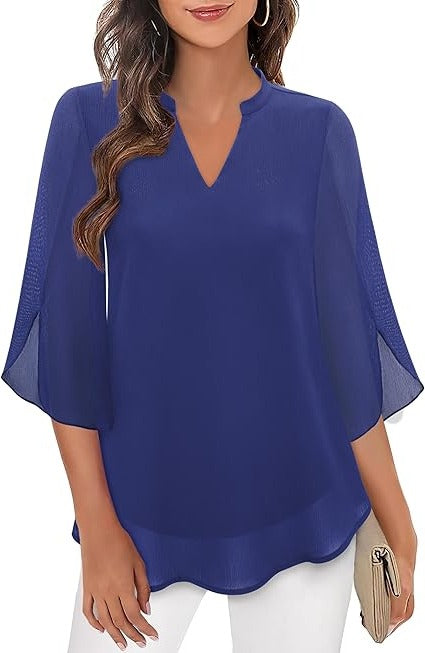 Women's elegant blouse sheer flutter sleeves flowy silhouette office-to-evening versatile top
