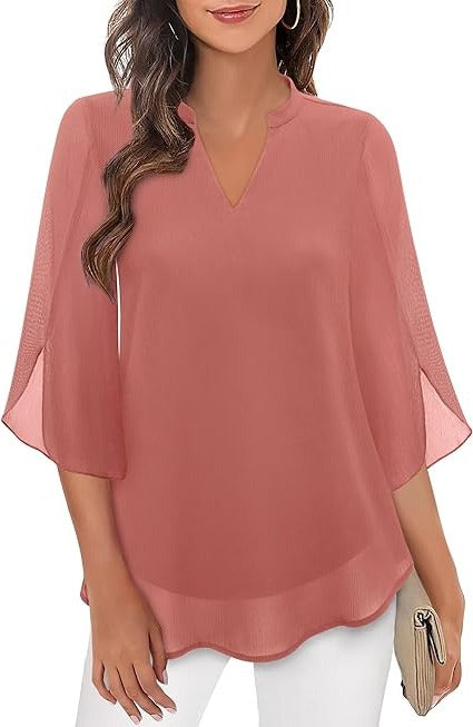 Women's elegant blouse sheer flutter sleeves flowing silhouette office-to-evening versatile top