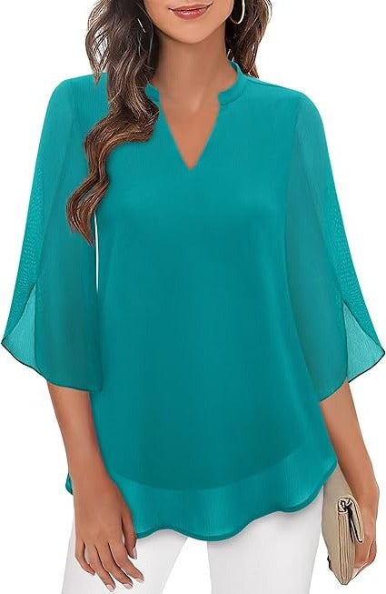 Women's elegant blouse with sheer flutter sleeves, flowing silhouette for office and evening wear