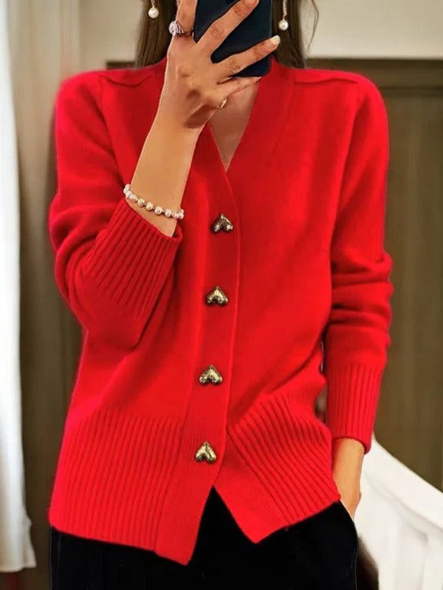 Women's cozy knit cardigan neutral tone classic silhouette with charming heart-shaped buttons