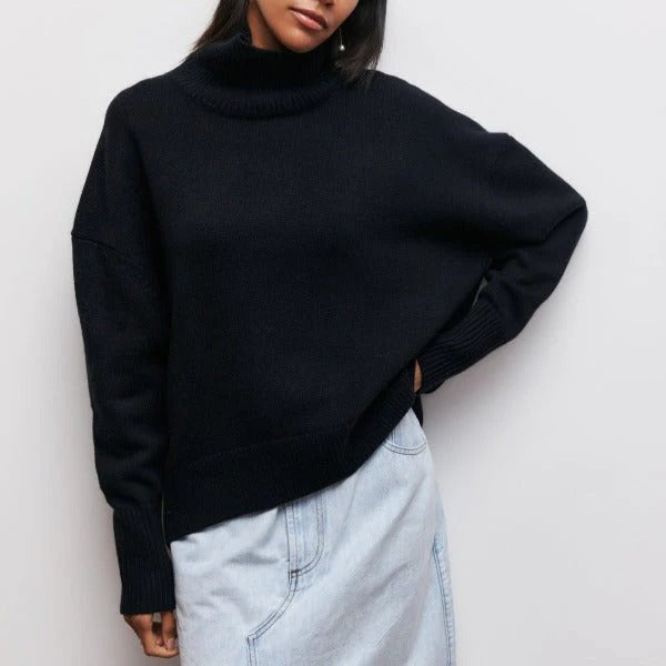 Women's cozy turtleneck sweater soft relaxed fit casual everyday wear versatile long style