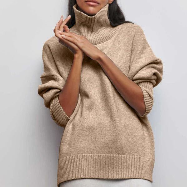 Women's cozy turtleneck sweater relaxed fit soft casual everyday style versatile wardrobe staple