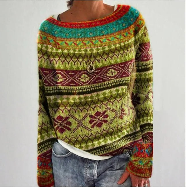 Women's vintage-style cozy knit winter sweater by Wavlynn in warm neutral tones with timeless silhouette
