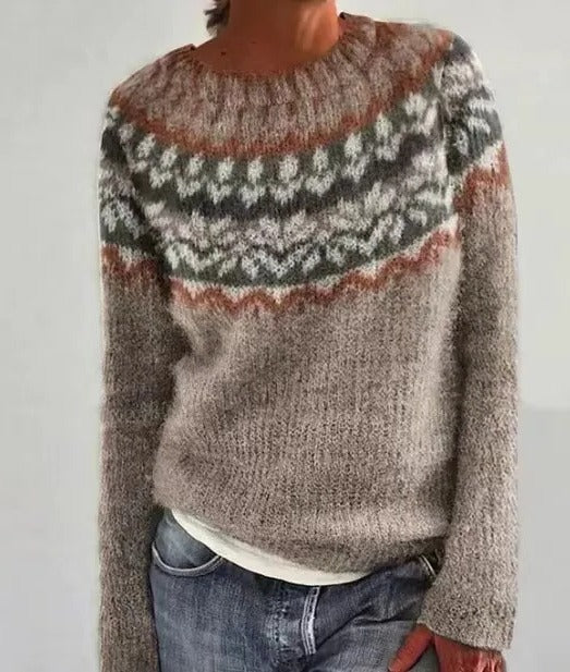Women's vintage cream knit winter sweater by Wavlynn with cozy relaxed fit and timeless silhouette