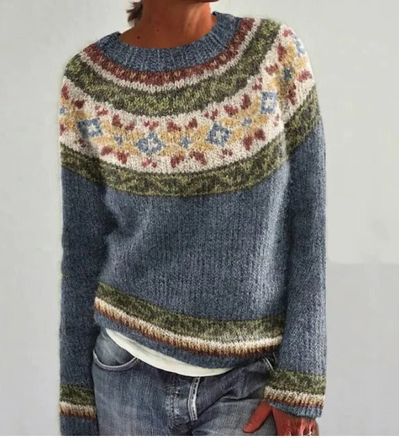 Women's vintage-style cozy knit winter sweater by Wavlynn in warm neutral tones with classic timeless silhouette