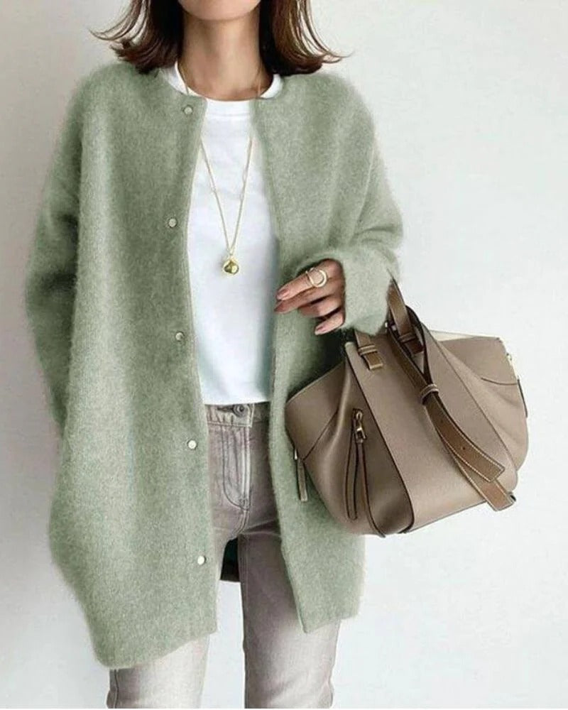 Women's oversized cozy knit cardigan casual to formal style with relaxed drape silhouette