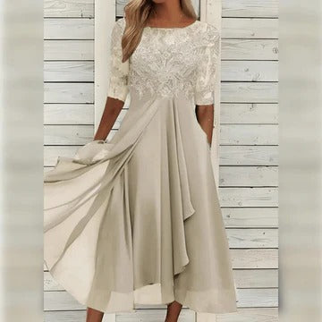 Women's elegant midi dress with delicate lace bodice accent, timeless silhouette for formal and casual events