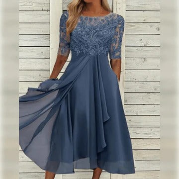 Women's elegant lace bodice dress, timeless silhouette in versatile style for formal and casual events