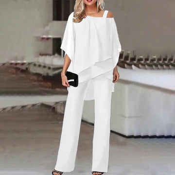 Ivory cold-shoulder two-piece set with full-length trousers, polished coordinated ensemble for modern women