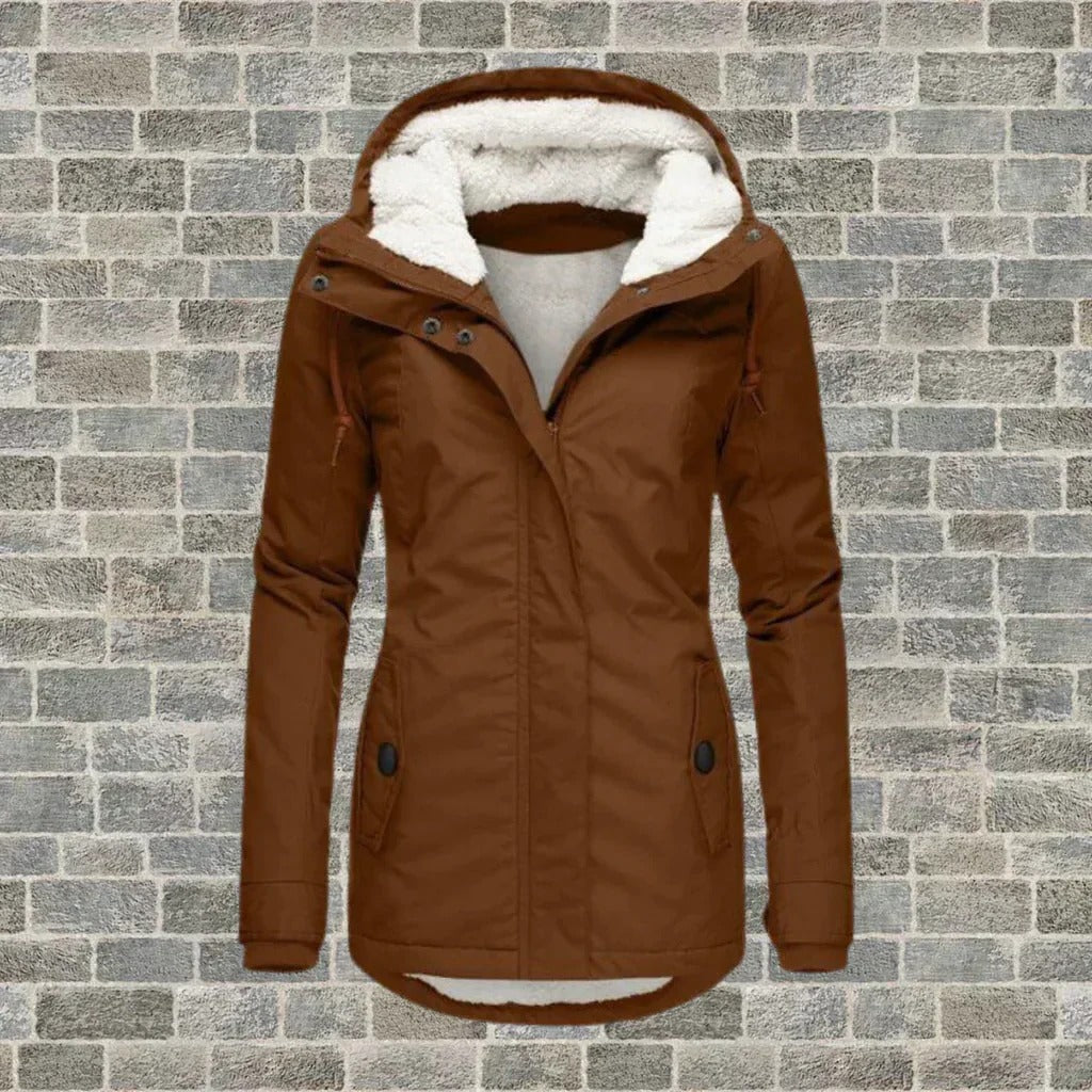 Elegant insulated winter coat with polished silhouette, weather-resistant shell for stylish cold-weather protection