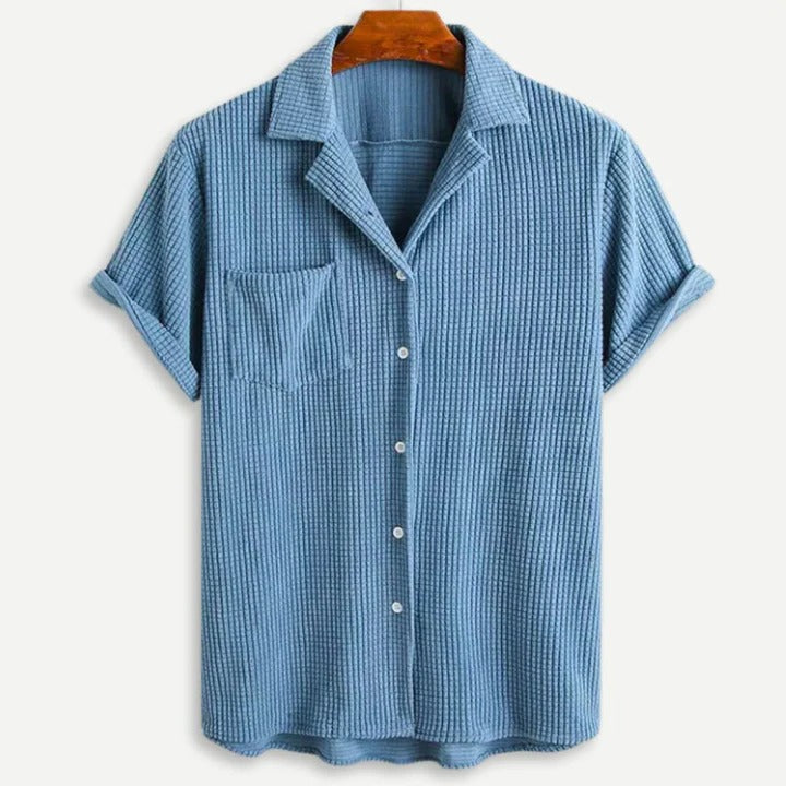 Green relaxed fit waffle knit shirt men lightweight short sleeve full button-front casual style