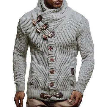 Beige knitted sweater toggle closure ribbed cuffs structured smart-casual cozy pullover