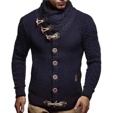 Beige knitted sweater with toggle closure, ribbed cuffs, structured smart-casual fit for everyday wear