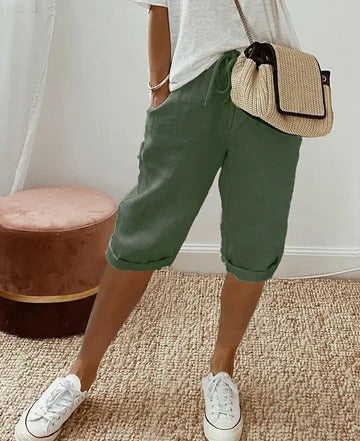 Women's high-waist shorts tailored clean-line minimalist cut lightweight warm-weather casual beige
