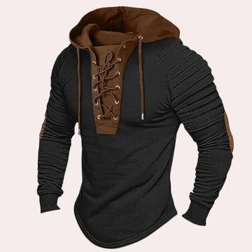 Men's hooded sweatshirt with lace-up neckline, relaxed everyday fit, versatile casual style