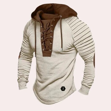 Men's hooded sweatshirt with lace-up neckline, casual relaxed fit, versatile everyday comfort layer