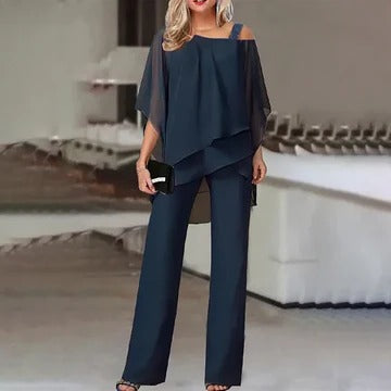 Women's layered cold-shoulder pant set in elegant two-piece wide-leg tailored silhouette