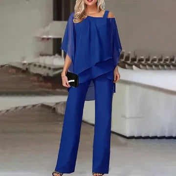 Women's layered cold-shoulder pant set in elegant two-piece wide-leg tailored silhouette