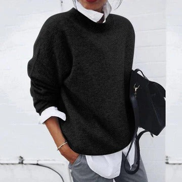 Women cream crew neck knit sweater classic silhouette perfect for effortless everyday layering
