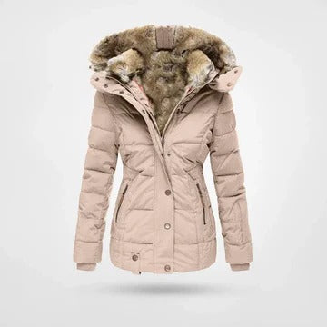 Women's hooded winter parka, sleek windproof outer shell with soft insulated lining, slim silhouette