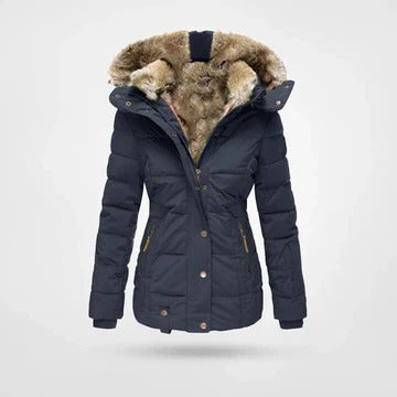 Women's hooded winter parka coat, slim windproof outer shell with soft warm lining, cold weather style
