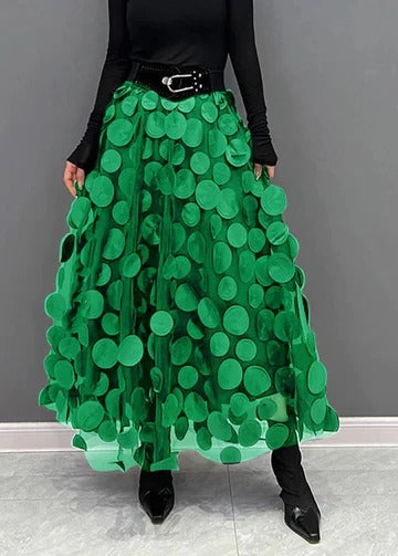 Women's polka dot tulle patchwork skirt with layered mesh overlay and elegant flowing silhouette