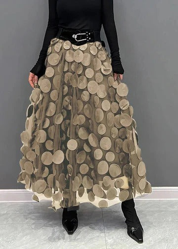 Women's polka dot tulle patchwork skirt with layered mesh overlay, elegant flowing silhouette