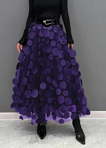 Women's polka dot tulle patchwork skirt with layered mesh overlay in elegant midi silhouette