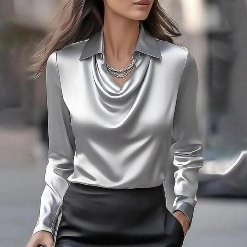 Women's elegant draped neckline blouse tailored fit high collar sophisticated daily formal wear