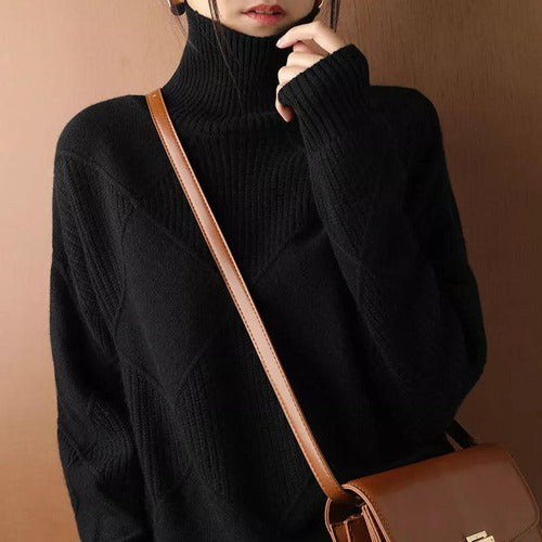 Women's ivory turtleneck knit top cozy slim-fit layering essential with structured full-coverage collar