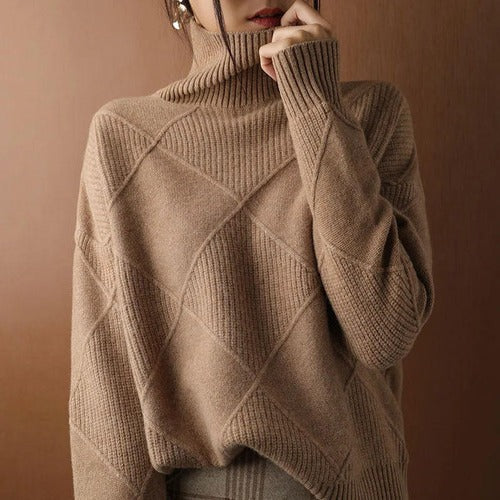 Women's ivory turtleneck knit top cozy slim-fit layering essential with structured full-coverage collar
