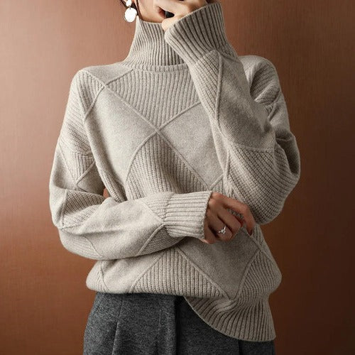 Women's ivory turtleneck knit top, slim cozy layering essential with structured full-coverage collar