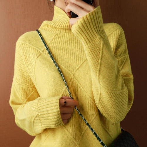 Women's ivory ribbed turtleneck knit top, slim cozy layering essential with structured full-coverage collar
