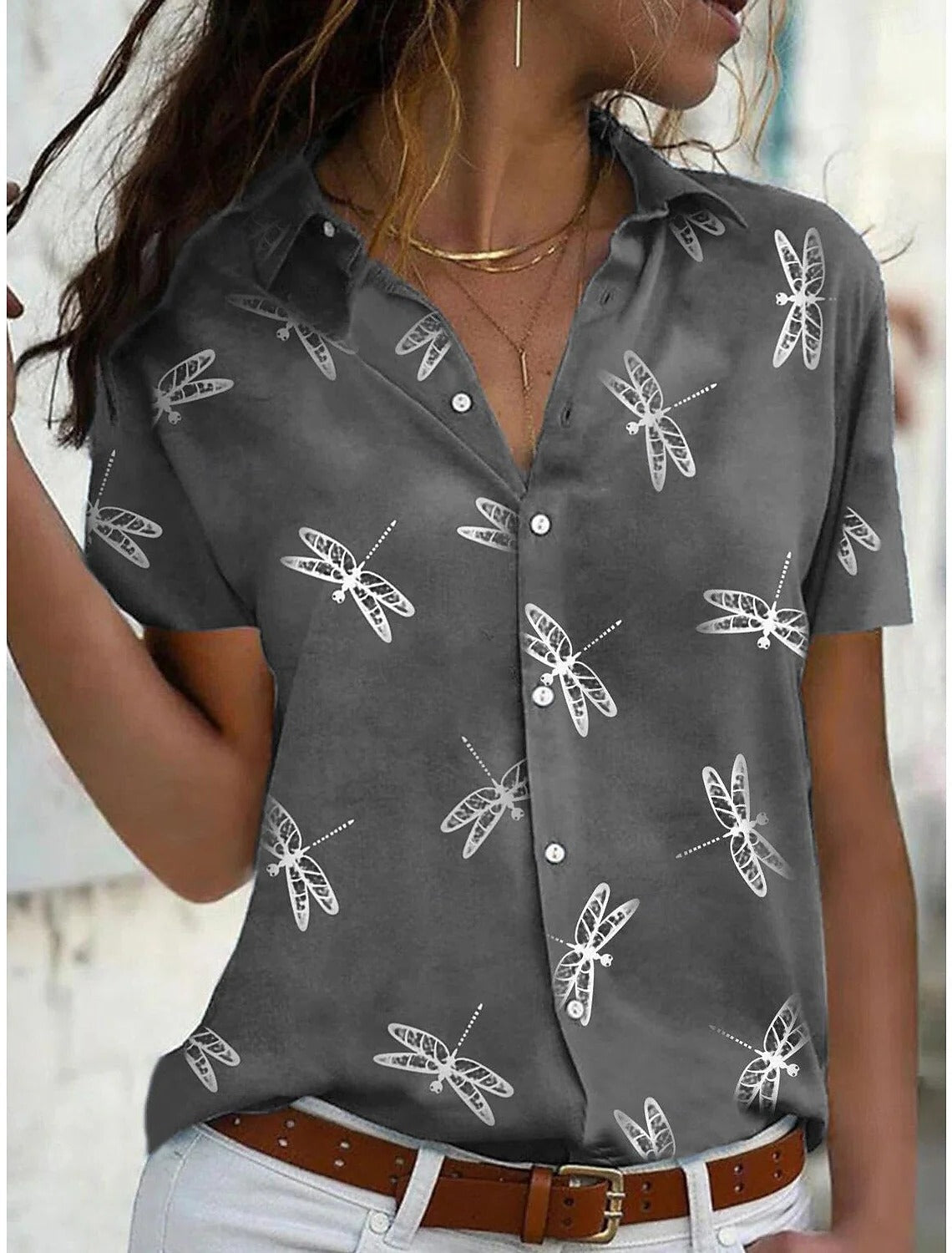 Women's dusty pink dragonfly print short sleeve button-down shirt with all-over white nature pattern