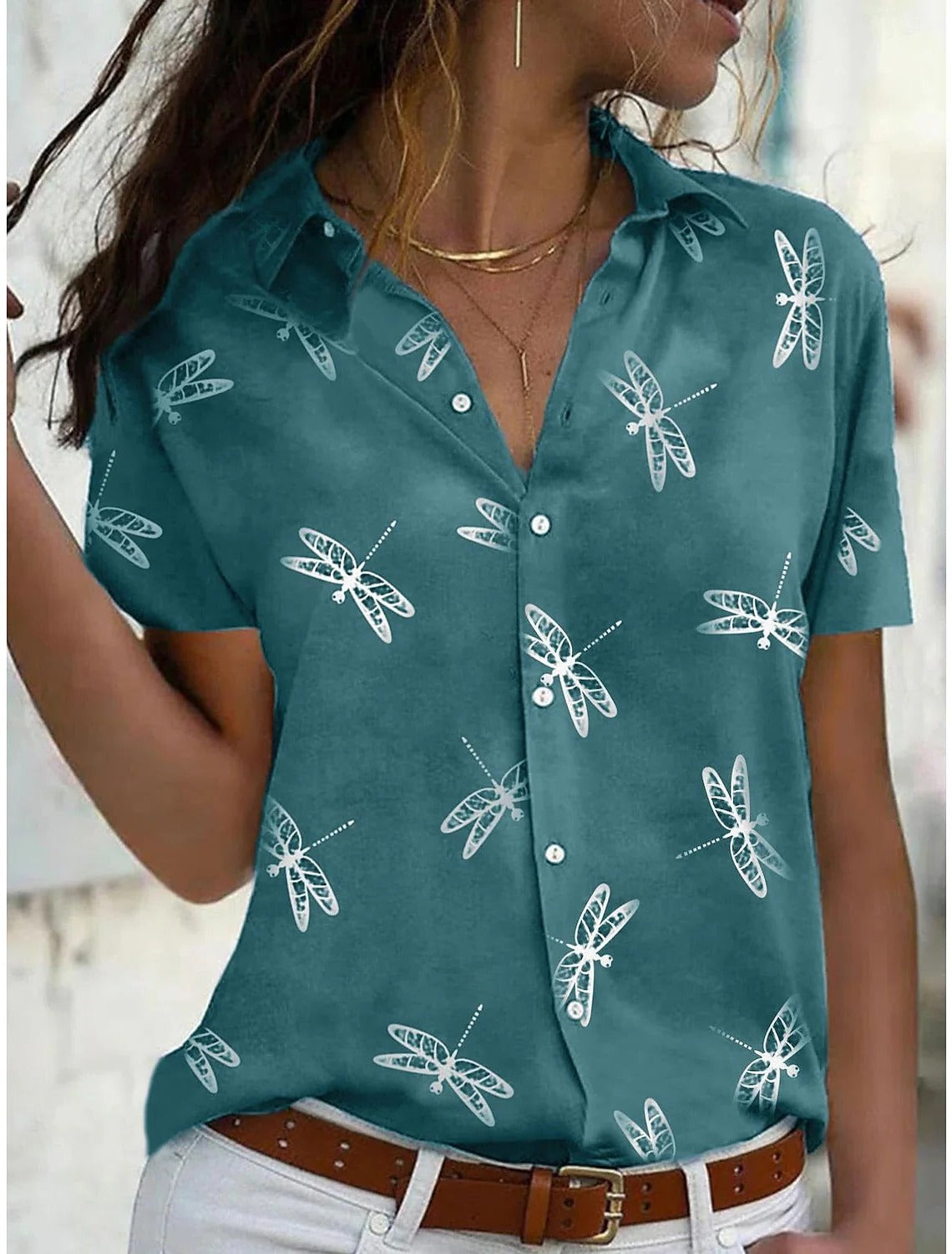 Women's dusty pink short sleeve button-down shirt with all-over white dragonfly print, lightweight spring top