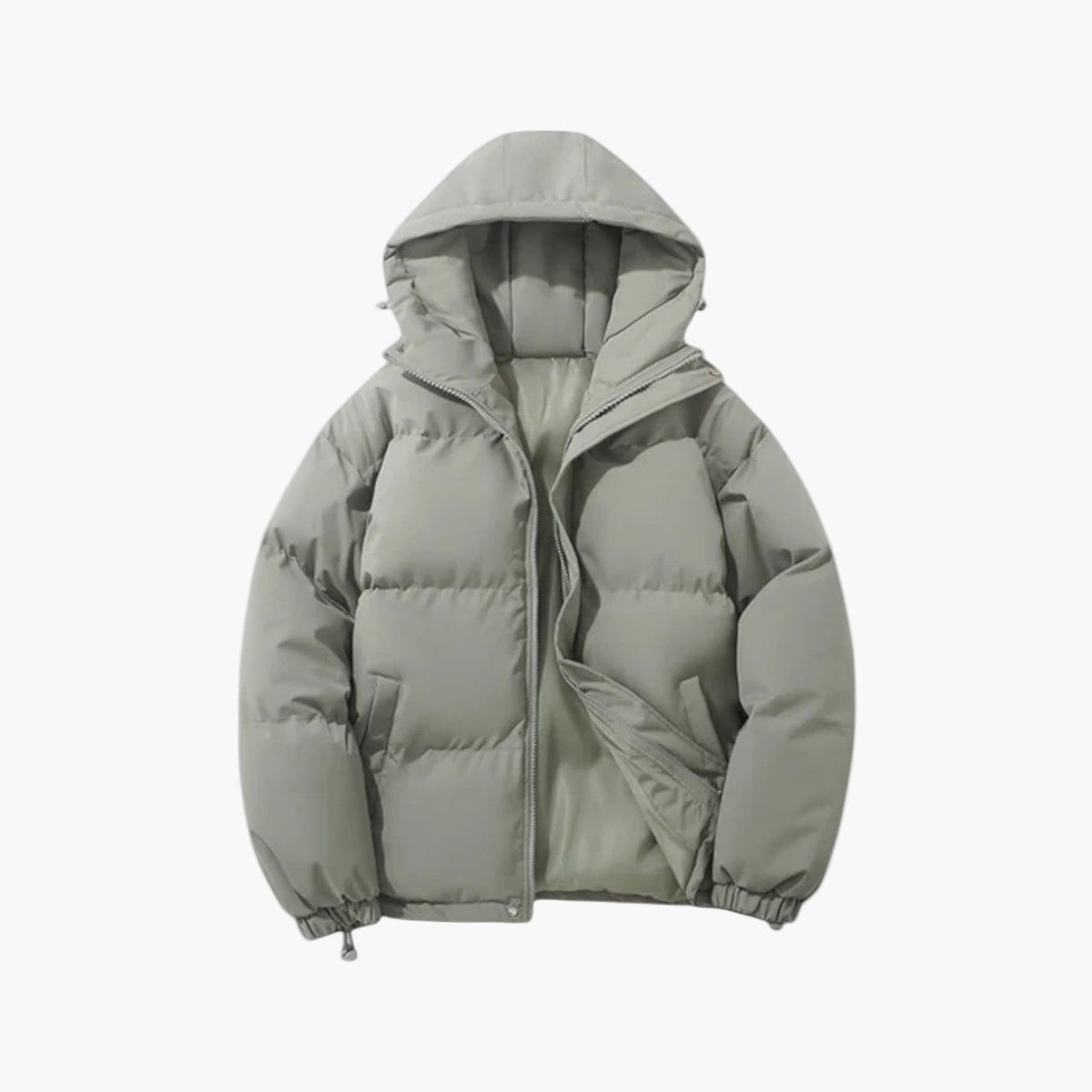 Men's beige quilted puffer jacket zip-up lightweight hooded winter insulated slim fit