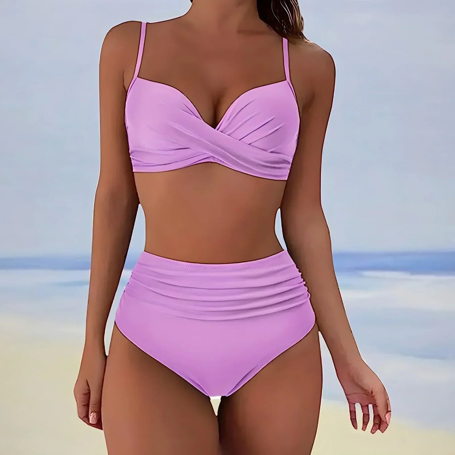 Women's high waist bikini bottom with ruched sides, stretch fit, full coverage swimwear