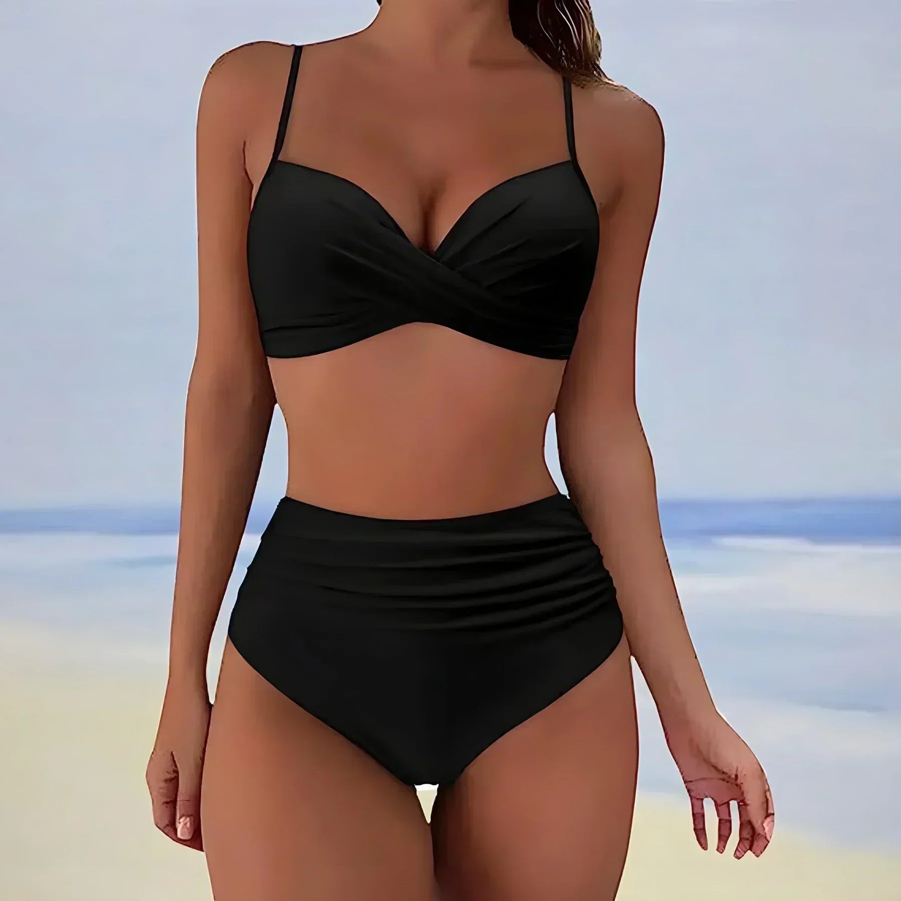 Women's high waist bikini bottom with ruched sides, stretch fit, and full coverage for a flattering look
