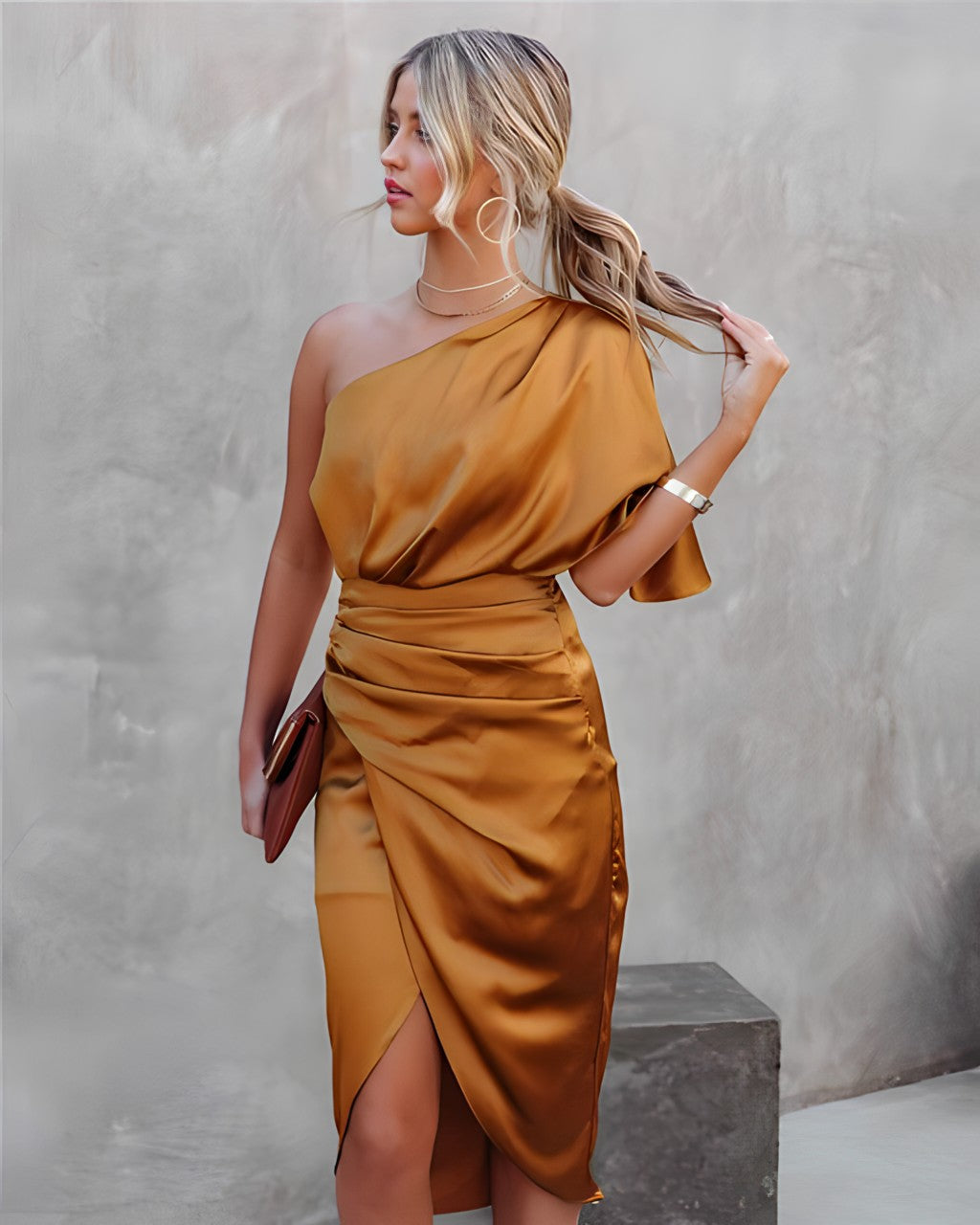 Women's satin one-shoulder draped party dress with elegant slit skirt in luxurious sheen finish