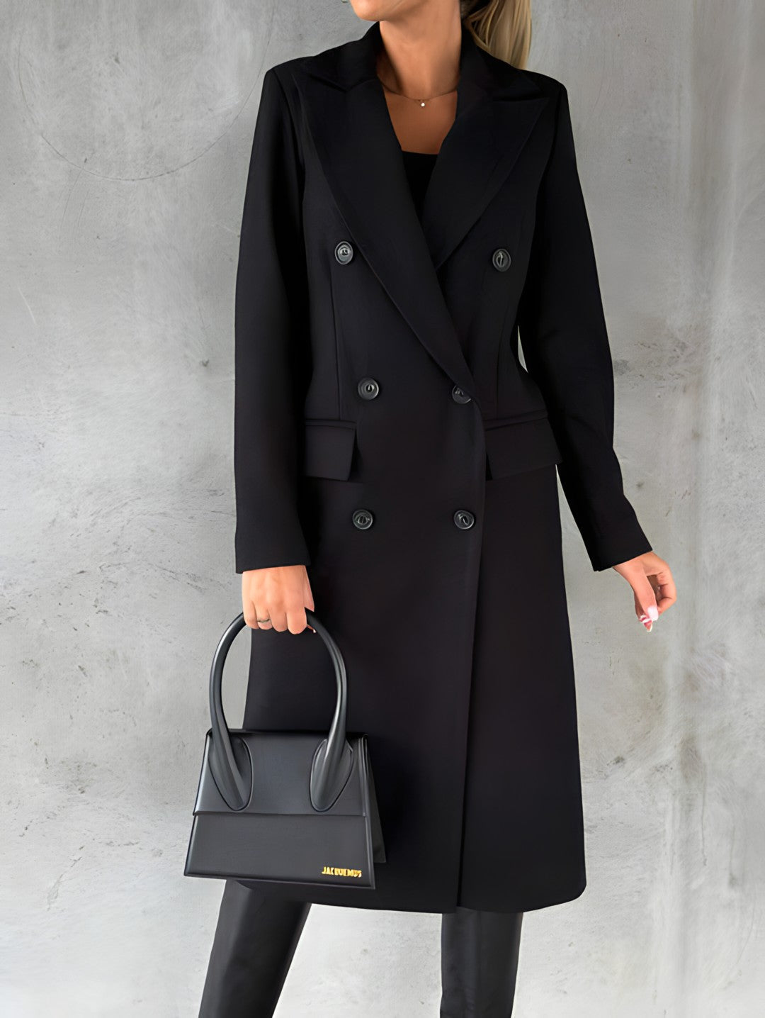 Women's slim-fit double-breasted wool blend long overcoat with notch lapel in classic style