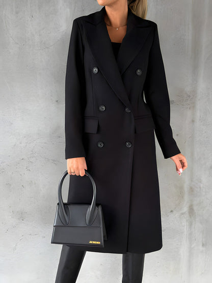 Women's slim-fit double-breasted wool blend long overcoat with notch lapel in classic style