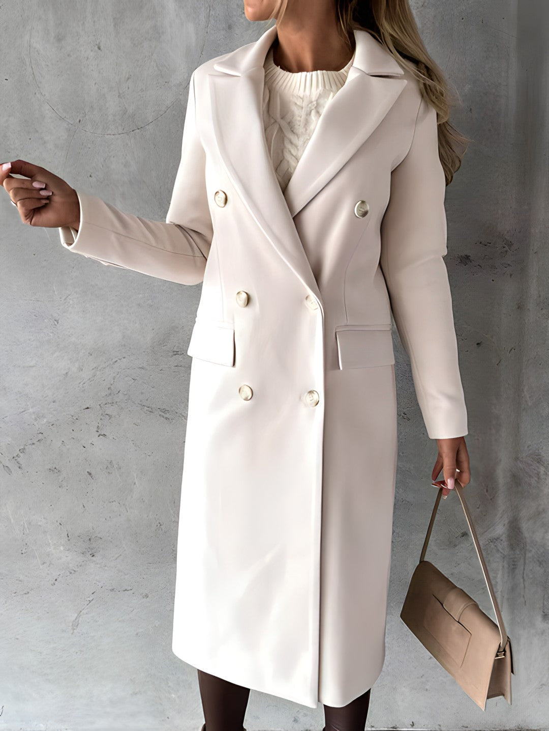 Women's slim fit double-breasted wool blend long overcoat with notch lapel in classic style