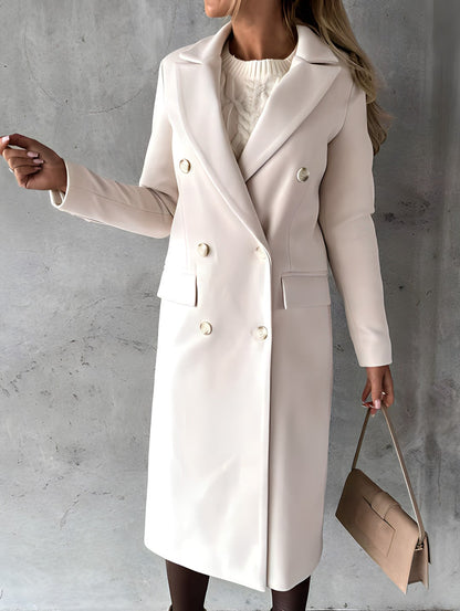 Women's slim fit double-breasted wool blend long overcoat with notch lapel in classic style