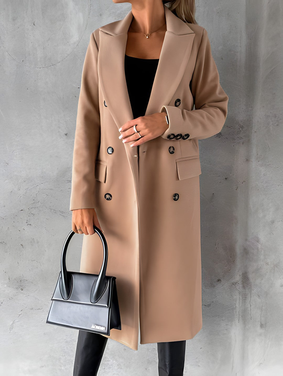 Women's slim-fit double-breasted wool blend long overcoat with notch lapel in classic style