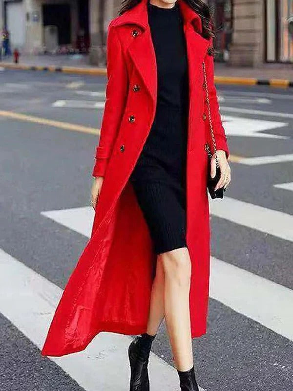 Women's long belted winter coat, notched lapel, timeless silhouette, cold weather outerwear