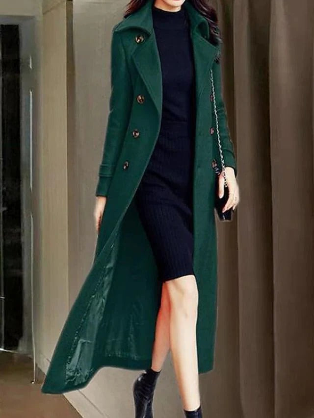 Women's long belted winter coat, notched lapel, timeless silhouette, cold weather outerwear