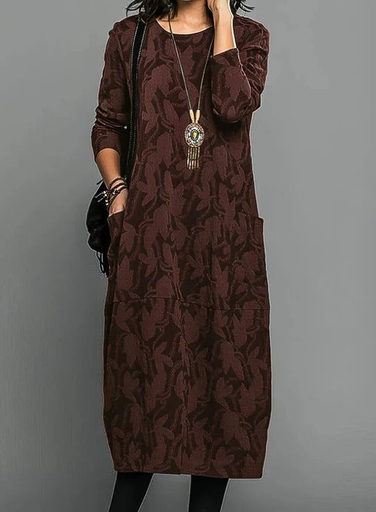 Women's winter midi dress with round neckline, relaxed fit, versatile layering piece for cold weather
