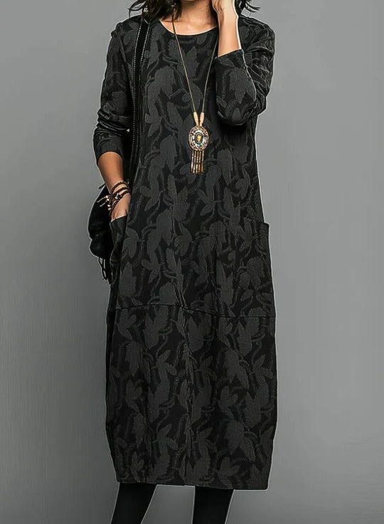Women's winter midi dress with round neckline, relaxed fit, ideal for layering with tights and boots