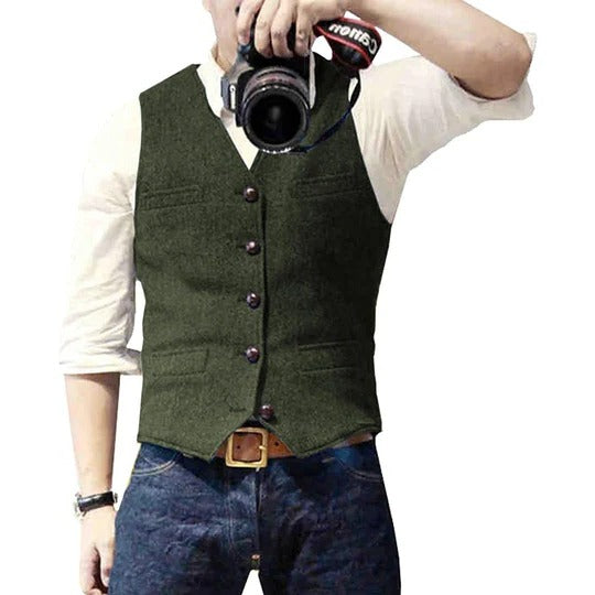 Men's blue denim vest with button closure, slim casual cut, and multiple practical pockets
